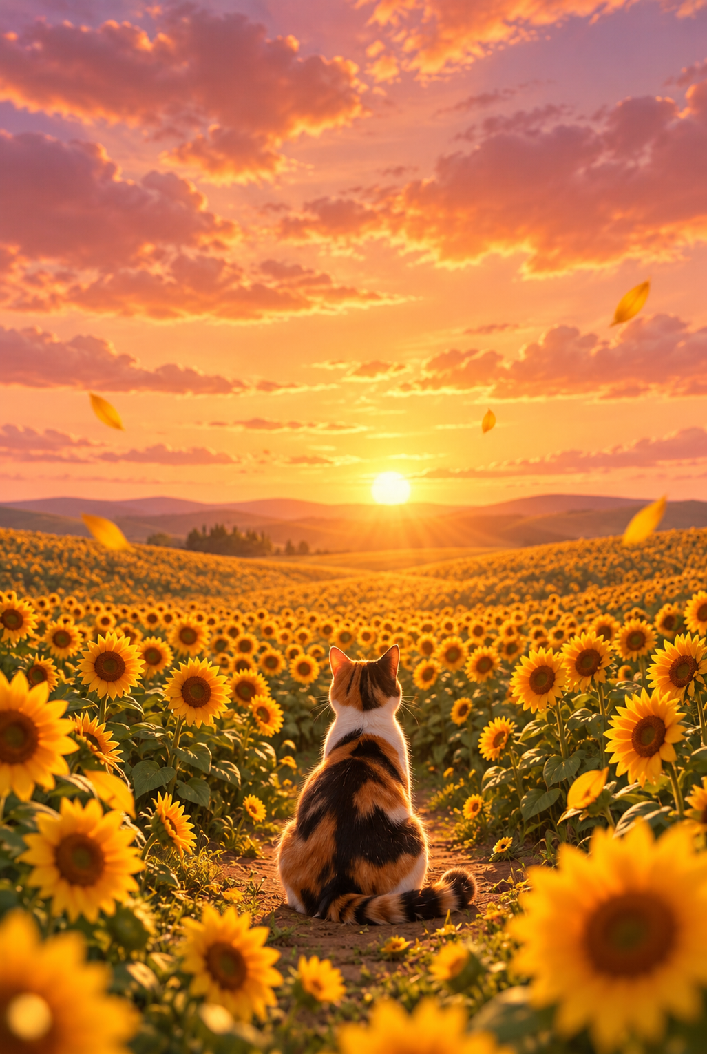 Suki sitting in a sunflower field at sunset