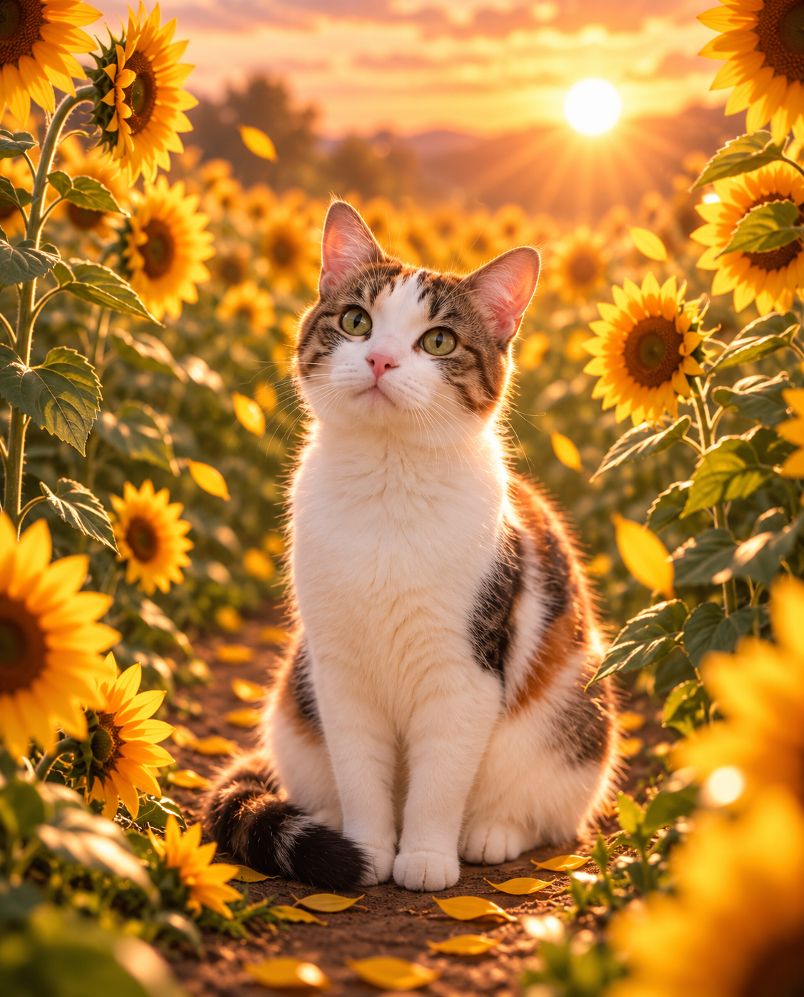 Suki, a calico cat with a white chest and green-gold eyes, sitting in sunflowers and gazing up at the sun